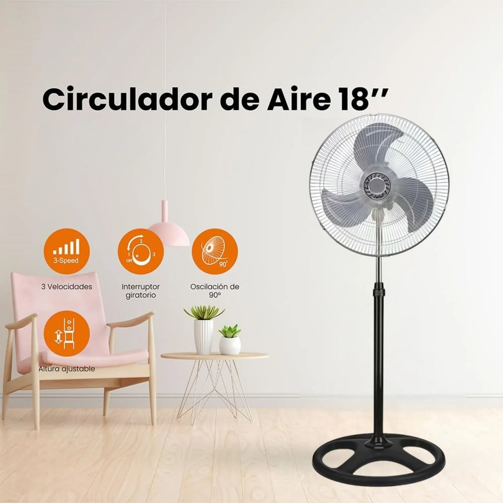 Ventilador de Pie Oscilante – 3 Velocidades y Altura Regulable (60W)