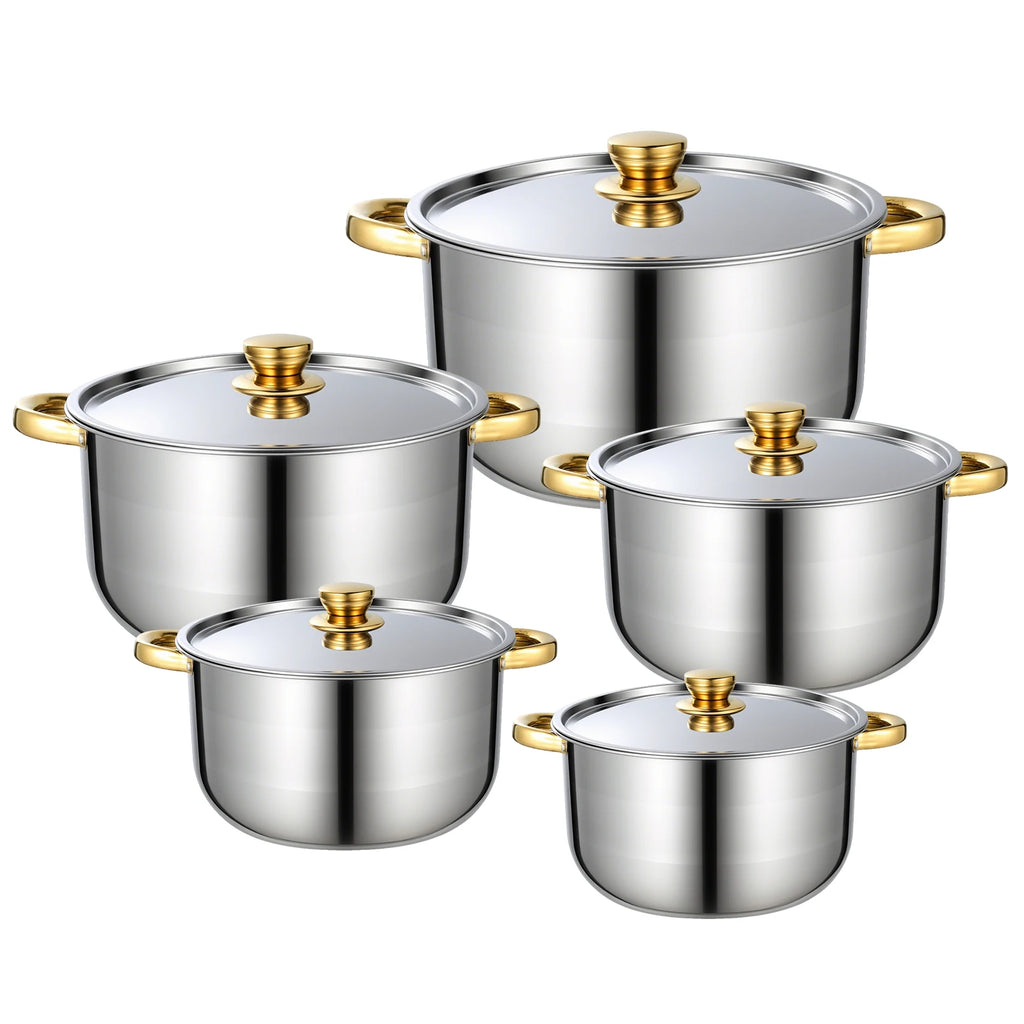 Batería de Cocina de Acero Inoxidable Dorado – Juego de Ollas de Lujo Antiadherentes