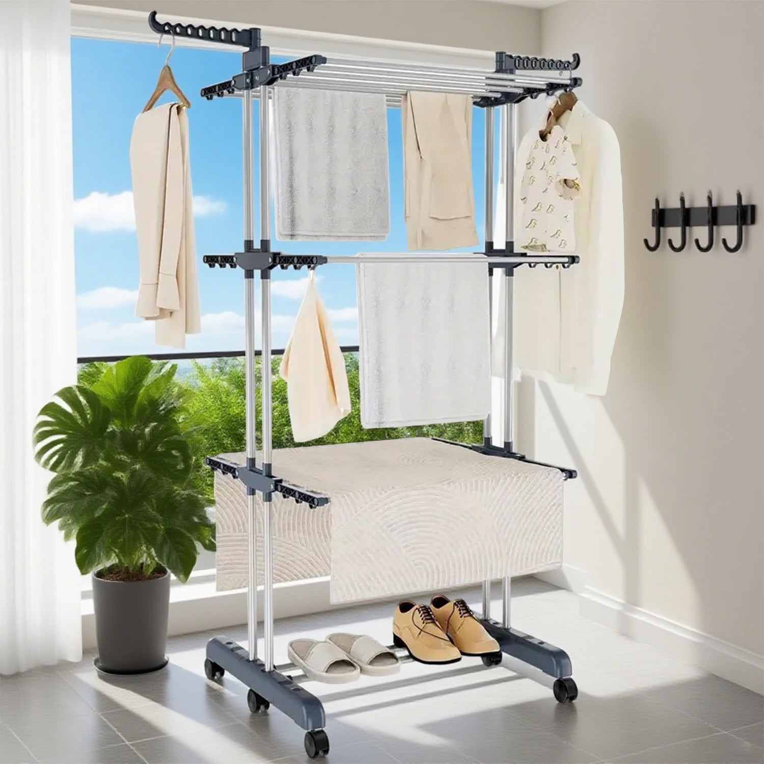 Tendedero Plegable de Acero Inoxidable – 4 Niveles con Ruedas