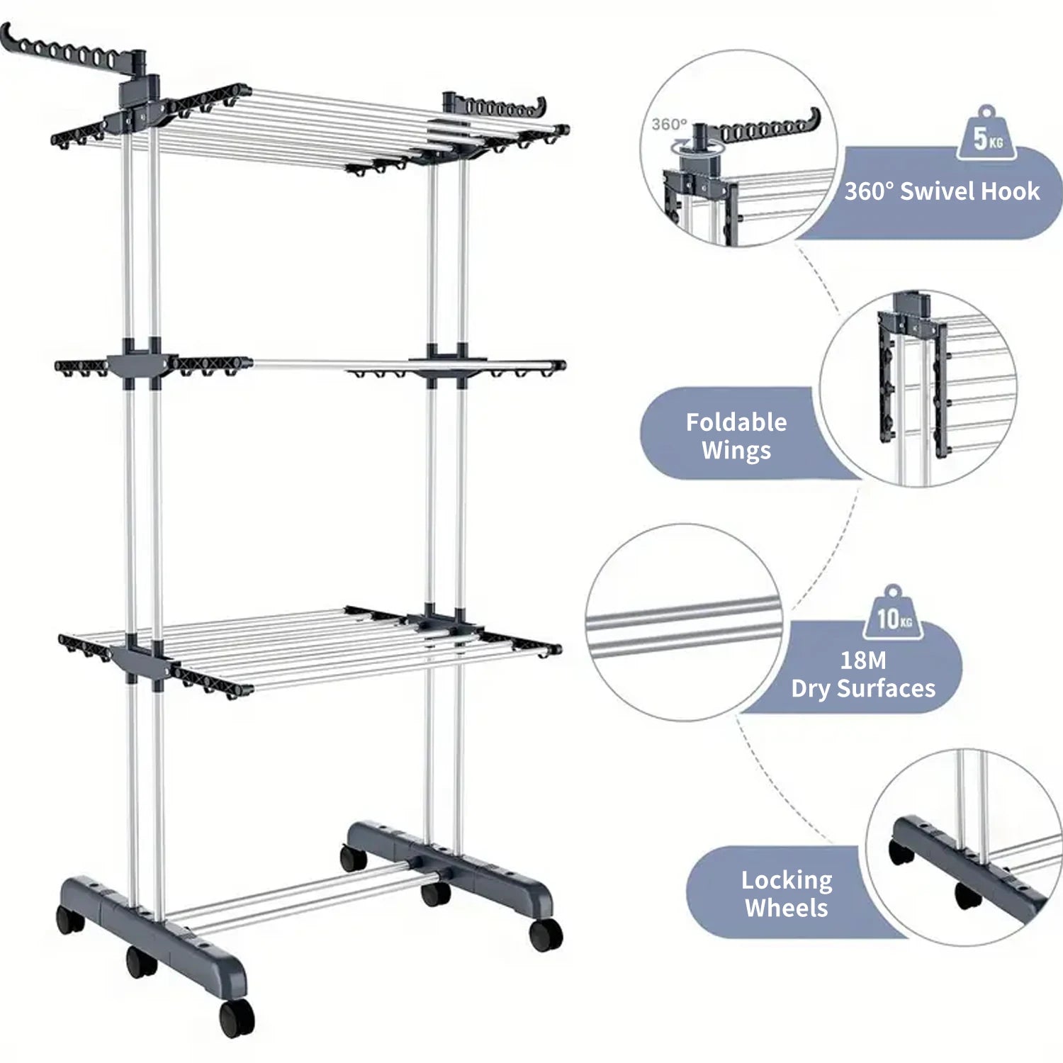 Tendedero Plegable de Acero Inoxidable – 4 Niveles con Ruedas