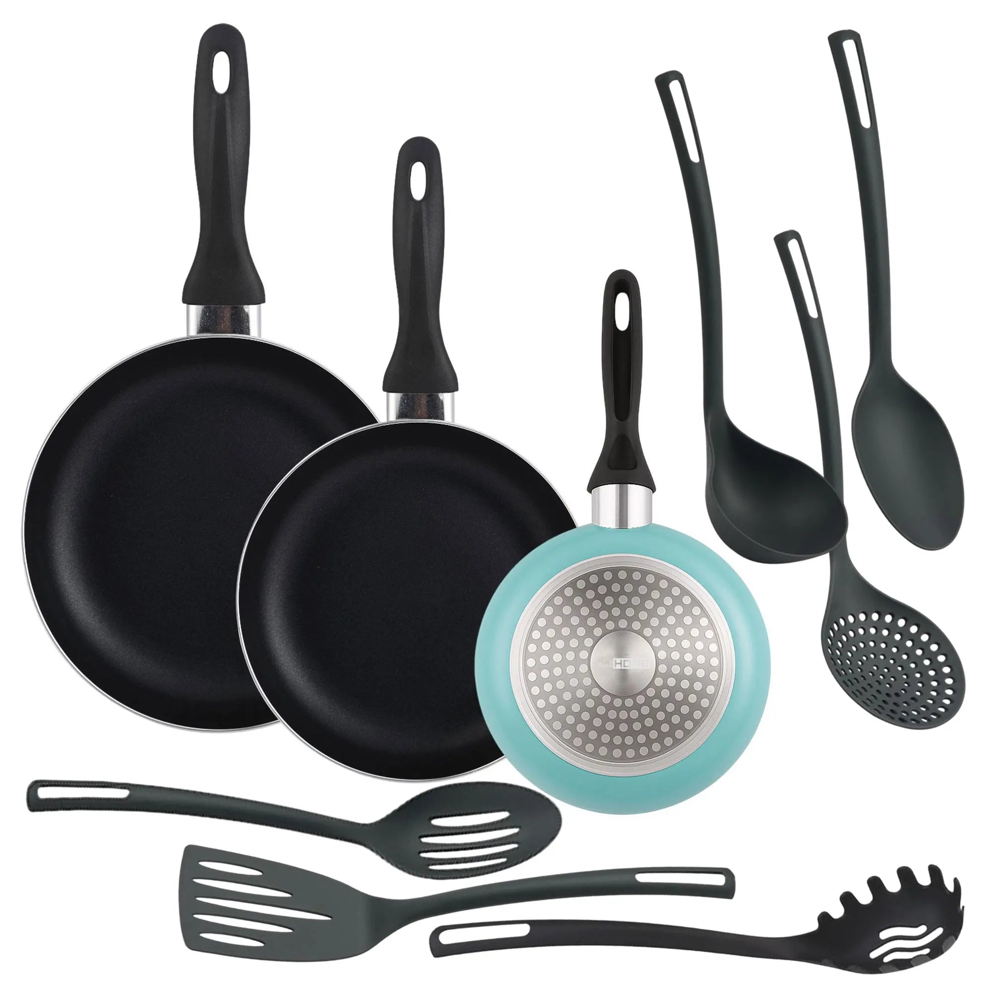 Juego de Sartenes Antiadherentes Well Home – Kit de 3 Piezas y 6 Utensilios de Cocina