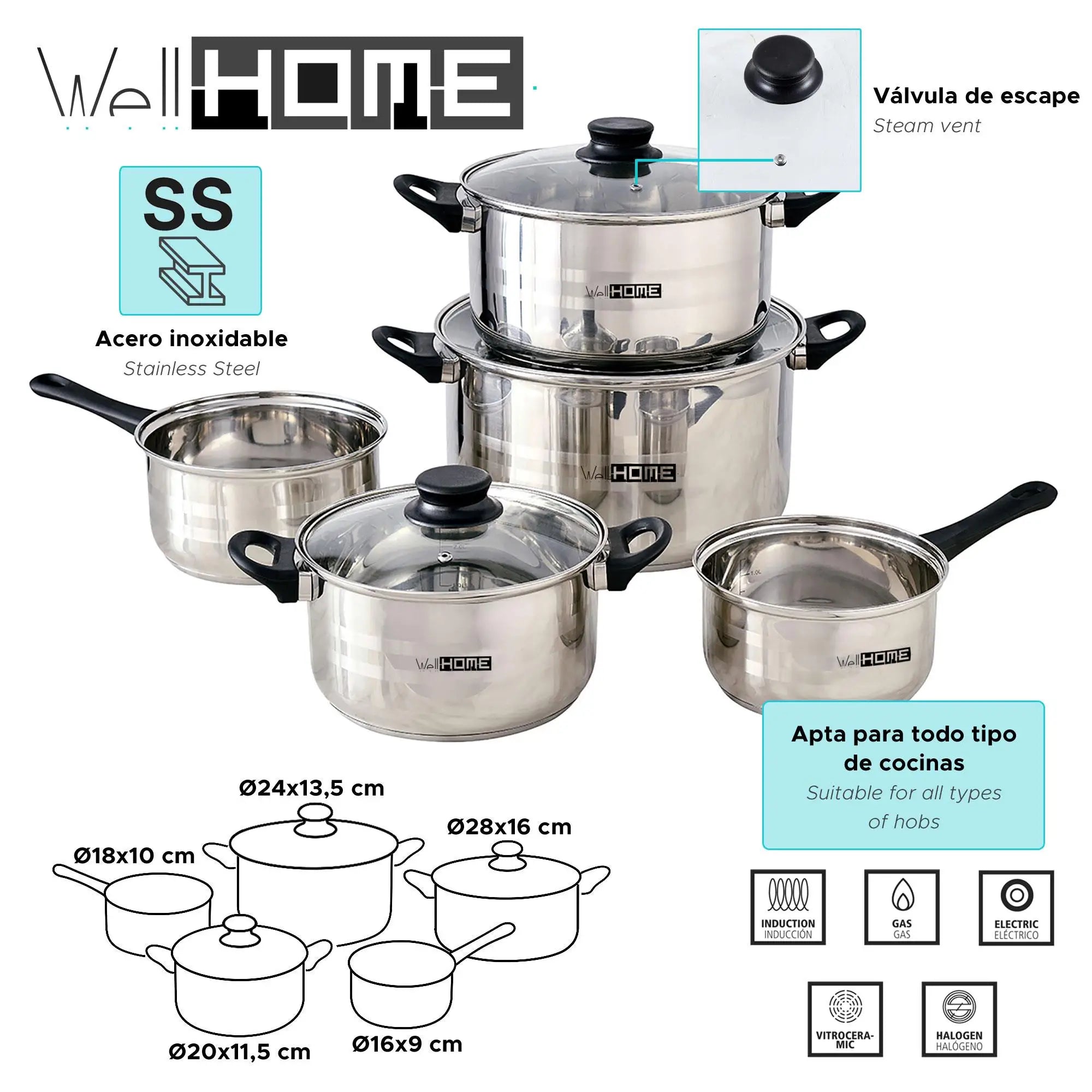 Batería de Cocina Well Home de Acero Inoxidable – Juego de 8 Piezas y 6 Utensilios