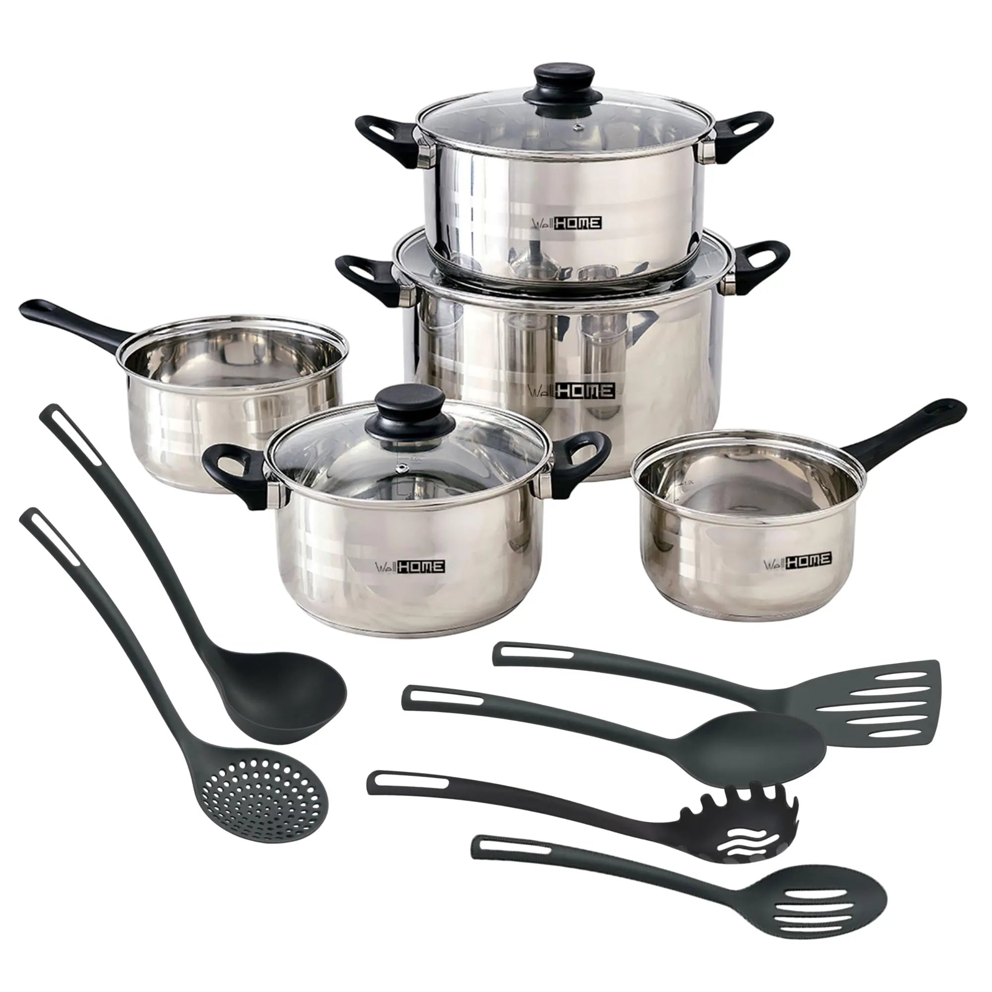 Batería de Cocina Well Home de Acero Inoxidable – Juego de 8 Piezas y 6 Utensilios