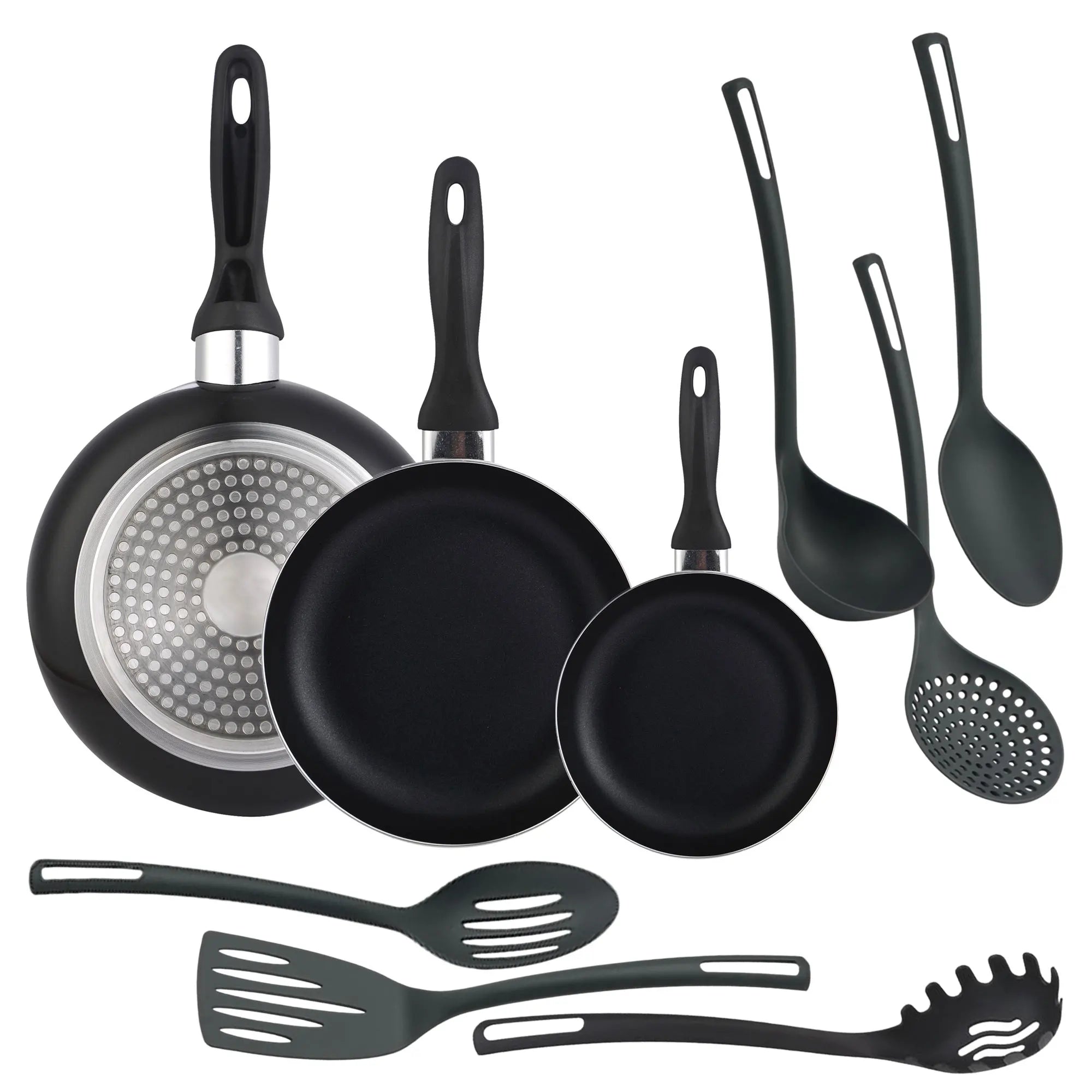 Juego de Sartenes Antiadherentes Well Home – Kit de 3 Piezas y 6 Utensilios de Cocina