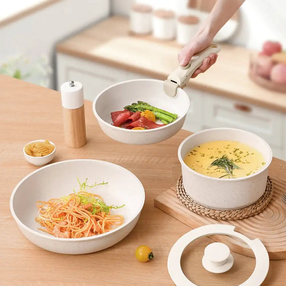 Batería de Cocina Almalux® con Mango Extraíble – Juego de 5 Piezas Apilables