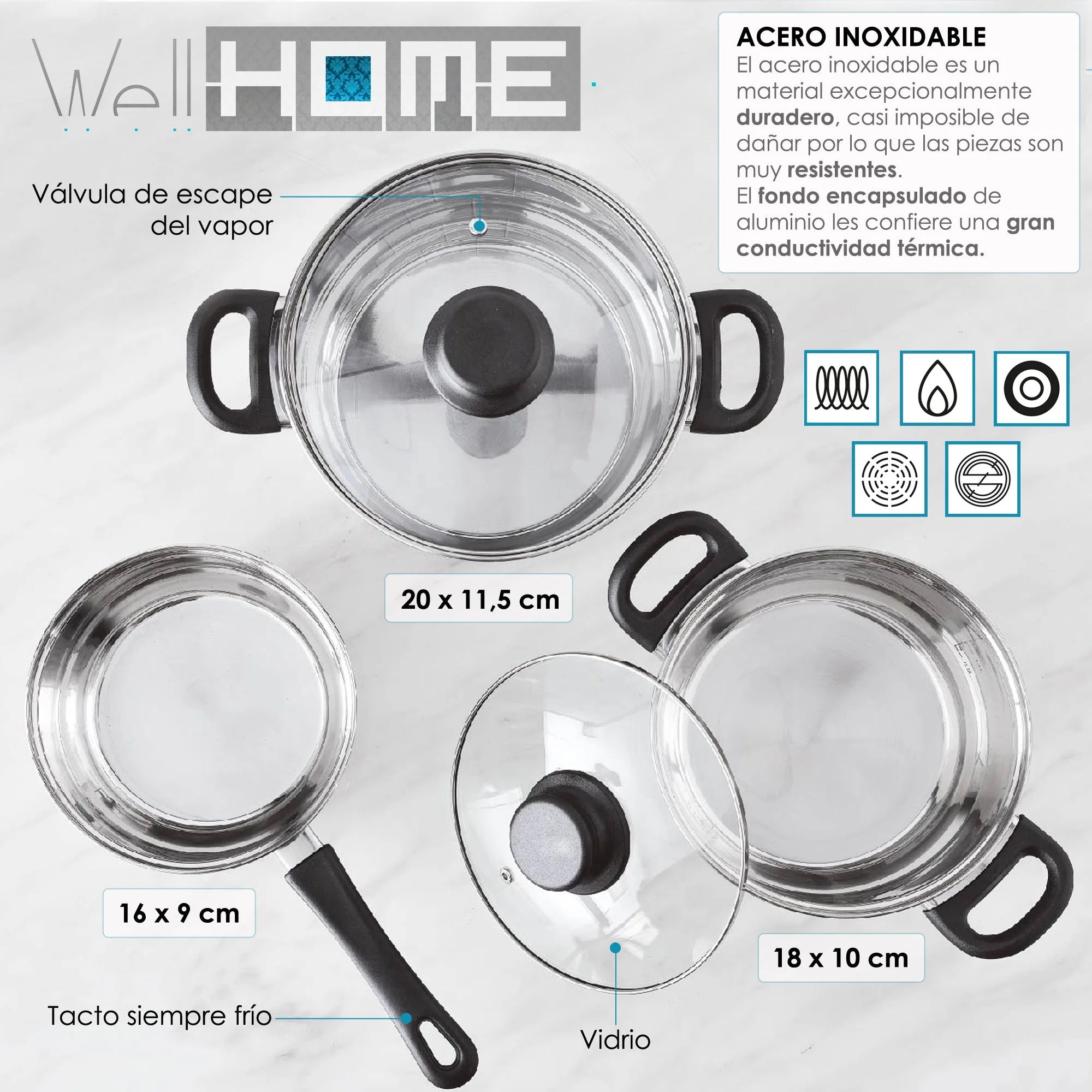 Juego de Sarténes y Ollas de Acero Inoxidable – Kit de 5 Piezas Antiadherentes