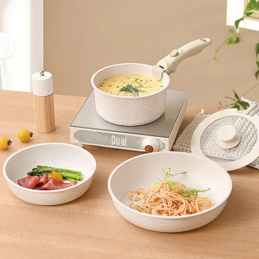 Batería de Cocina Almalux® con Mango Extraíble – Juego de 5 Piezas Apilables