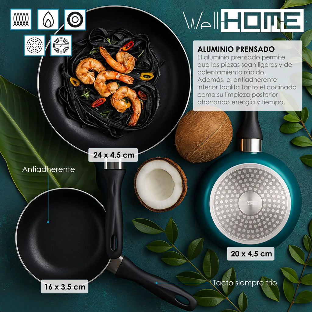 Juego de Sartenes Antiadherentes Well Home – Kit de 3 Piezas y 6 Utensilios de Cocina