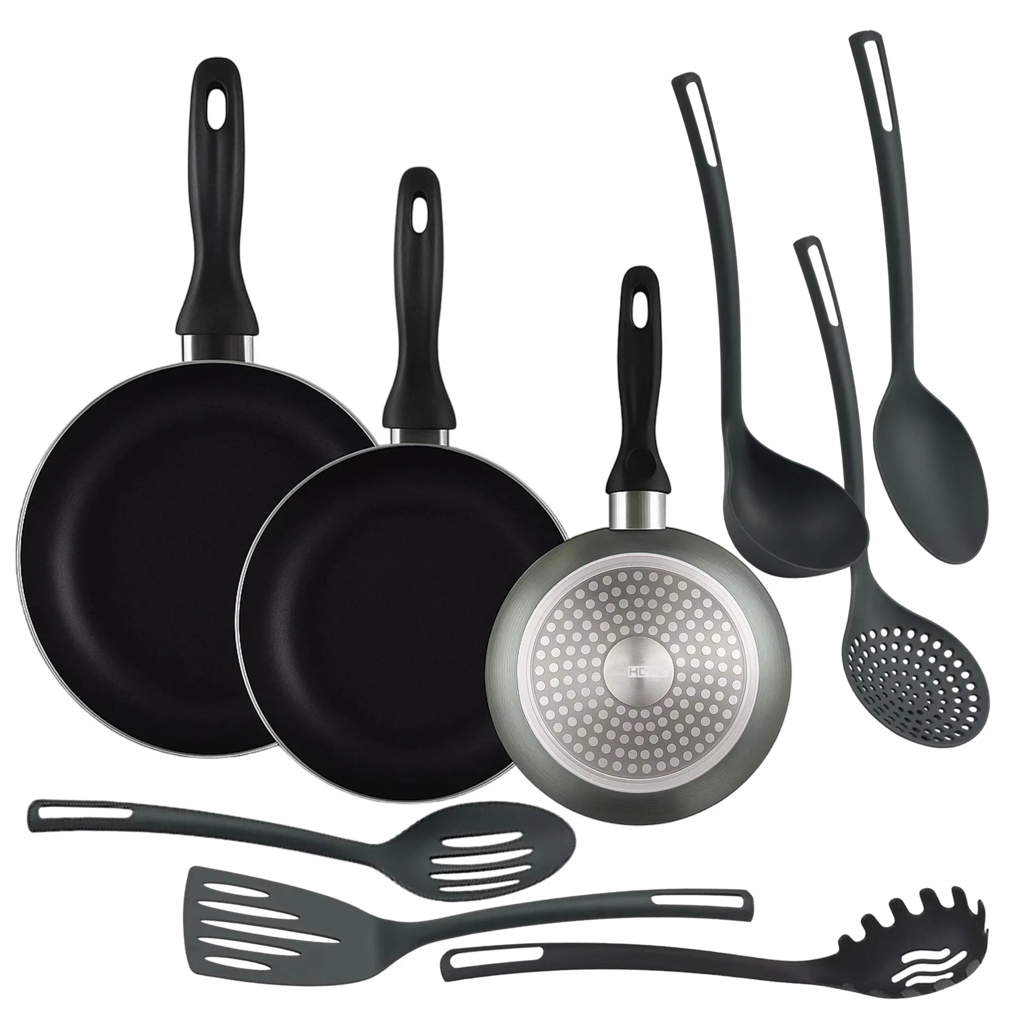 Juego de Sartenes Antiadherentes Well Home – Kit de 3 Piezas y 6 Utensilios de Cocina