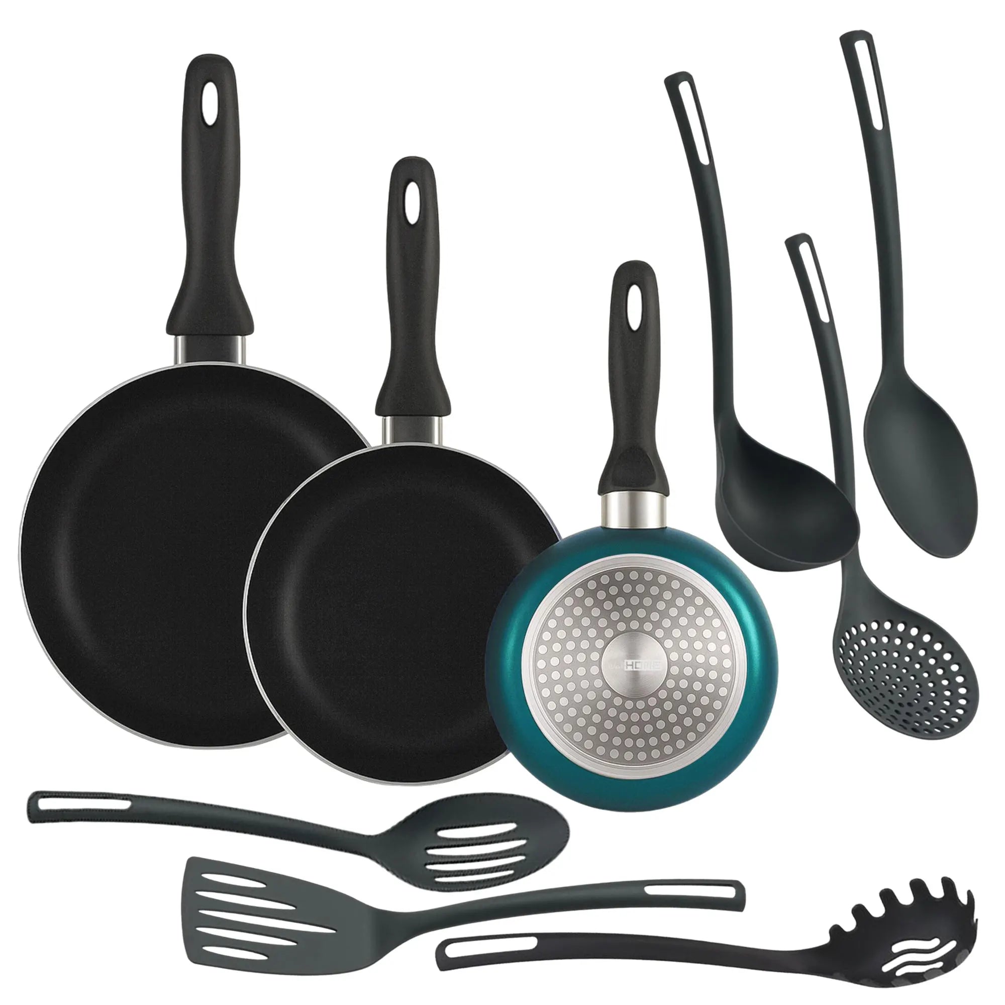 Juego de Sartenes Antiadherentes Well Home – Kit de 3 Piezas y 6 Utensilios de Cocina